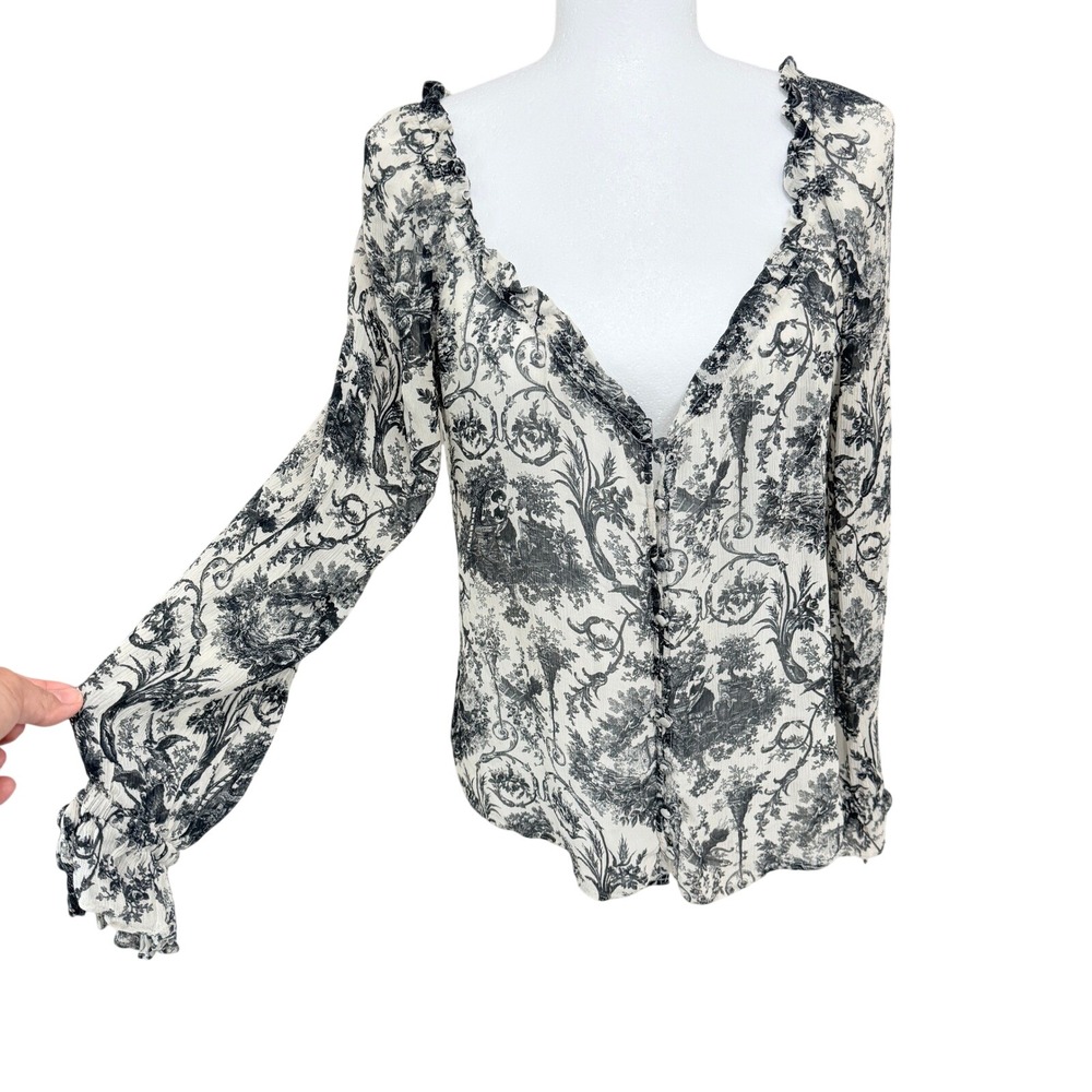 PAIGE Toile Blouse M Black White Cottagecore Romantic Whimsigoth Coquette Button